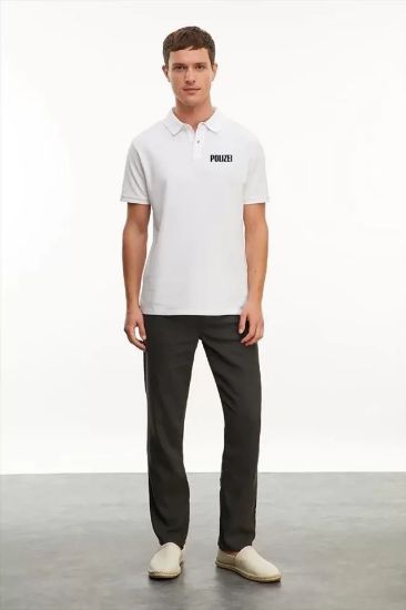 Yakası Düğmeli Yakalı Pike Baskılı T-Shirt - Beyaz resmi